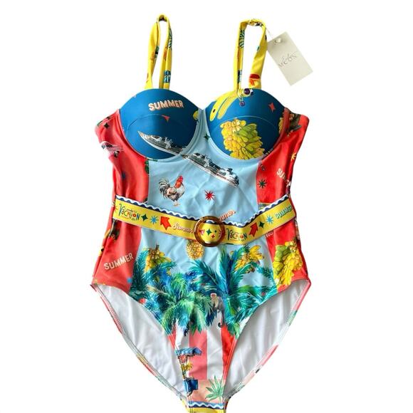 NEW w/Tag Funky Print Chicken Fruit Cruise One Piece Bathing Suit Push Up Sz M/L - Picture 1 of 7